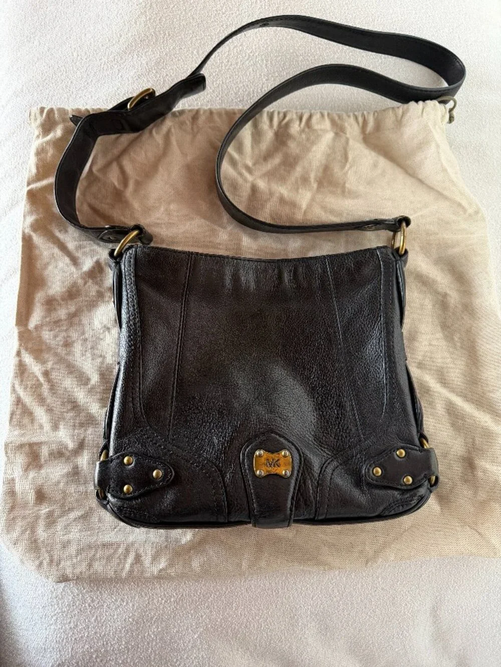 Michael Kors Black Pebbled Leather Crossbody Shoulder Bag Brass Hardware